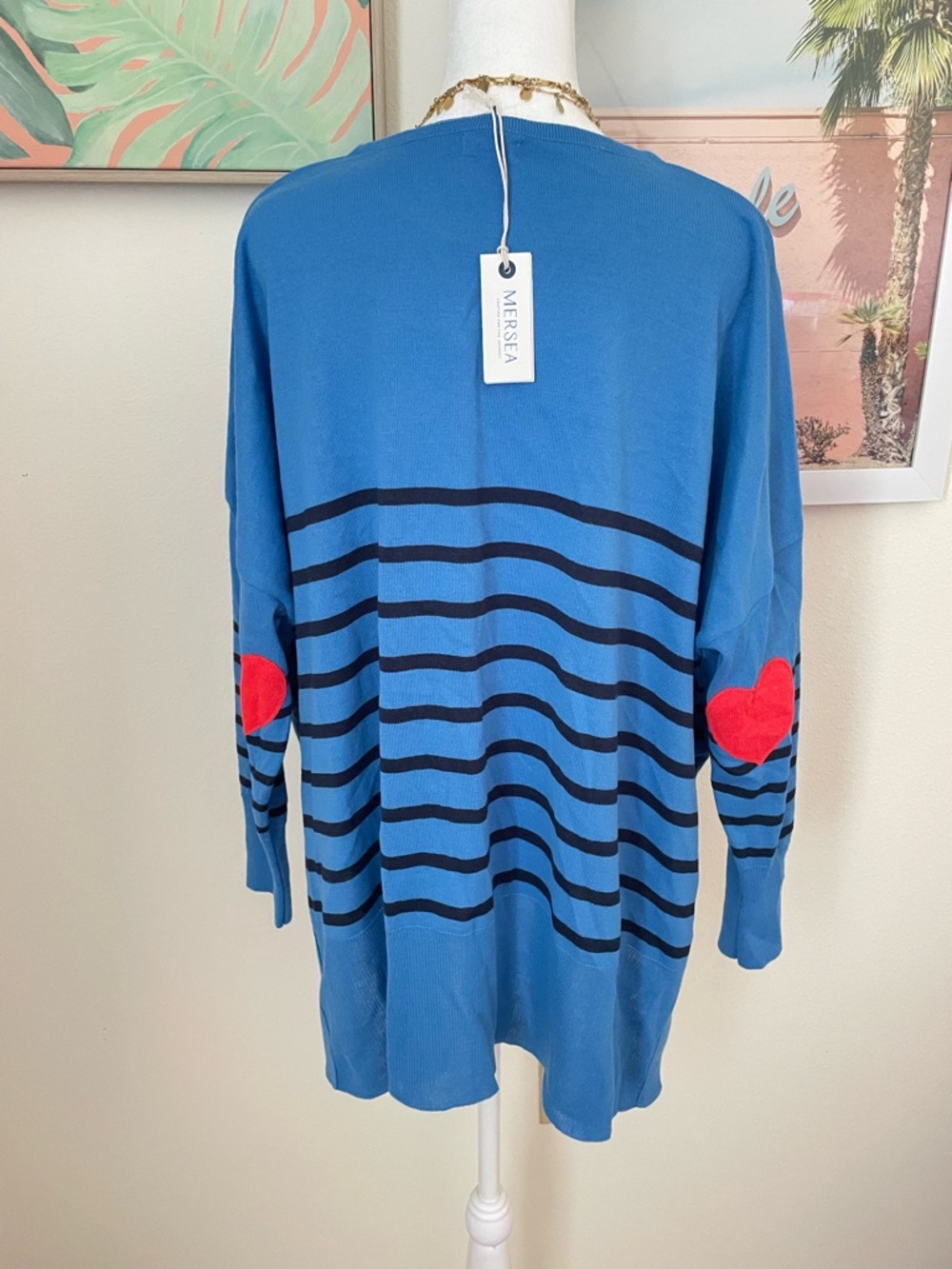 Mersea Amour Sweater Azure Blue Stripe Heart Patch One Size New - Picture 7 of 7
